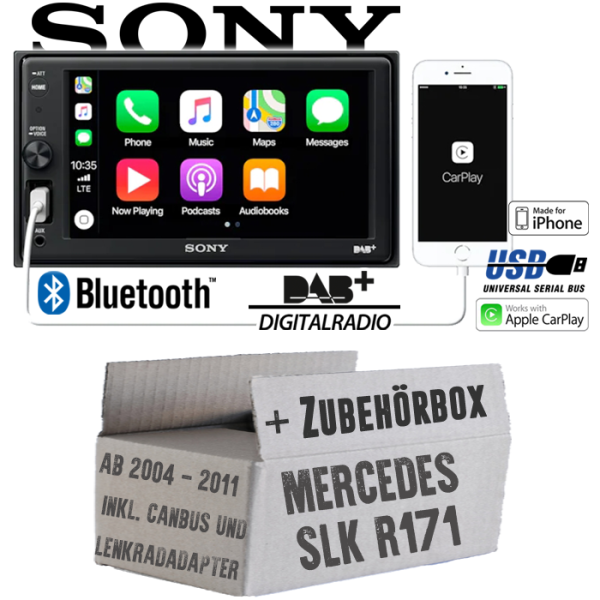 Autoradio Radio mit XAV-AX1005DB - 2DIN Bluetooth | DAB+ | Apple CarPlay  | USB - Einbauzubehör - Einbauset passend für Mercedes SLK R171 inkl. Lenkrad Radiotausch