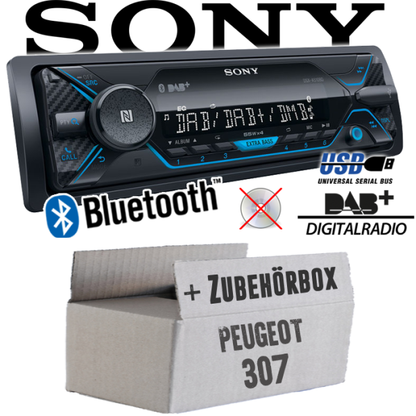 Autoradio Radio Sony DSX-A510BD - DAB+ | Bluetooth | MP3/USB - Einbauzubehör - Einbauset passend für Peugeot 307 - justSOUND
