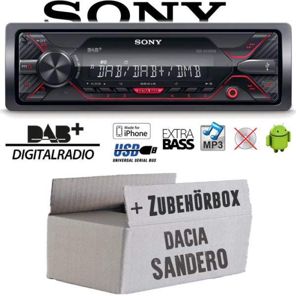 Autoradio Radio Sony DSX-A310DAB - DAB+ | MP3/USB - Einbauzubehör - Einbauset passend für Dacia Sandero 2 - justSOUND