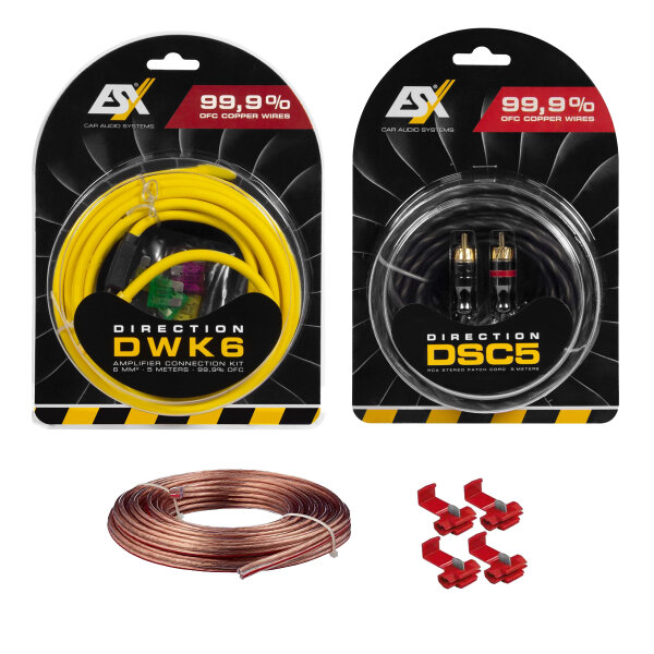ESX DWK 6 - 5m Kabelkit VOLLKUPFER 6mm² mit Sicherung | inkl. je 5m Cinchkabel Lautsprecherkabel