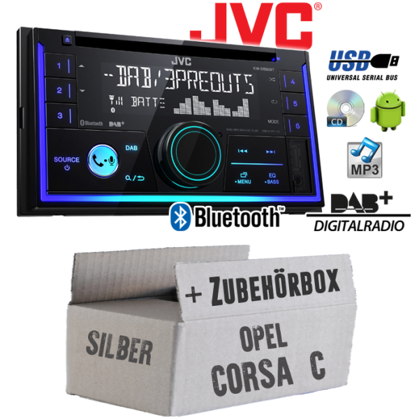 Autoradio Radio JVC KW-DB93BT - 2-DIn DAB+ Bluetooth MP3 USB - Einbauzubehör  - Einbauset passend für Opel Corsa C silber - justSOUND