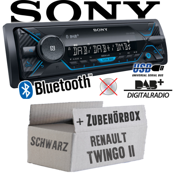 Autoradio Radio Sony DSX-A510BD - DAB+ | Bluetooth | MP3/USB - Einbauzubehör - Einbauset passend für Renault Twingo 2 schwarz - justSOUND