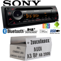Autoradio Radio mit MEX-N7300BD | Bluetooth | DAB+ | CD/MP3/USB MultiColor iPhone - Android Auto - Einbauzubehör - Einbauset passend für Audi A3 8P inkl. CanBus Lenkradfernbedienung Aktiv