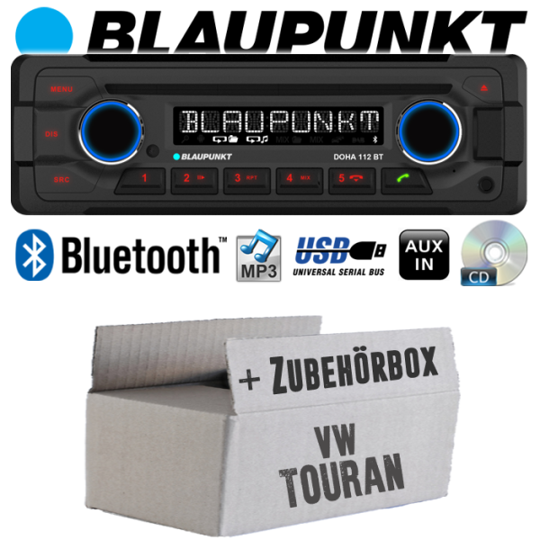 Autoradio Radio Blaupunkt Doha - Bluetooth CD MP3 USB - Einbauzubehör - Einbauset passend für VW Touran -inkl. Lenkradfernbedienungsadapter und CanBus Adapter - justSOUND